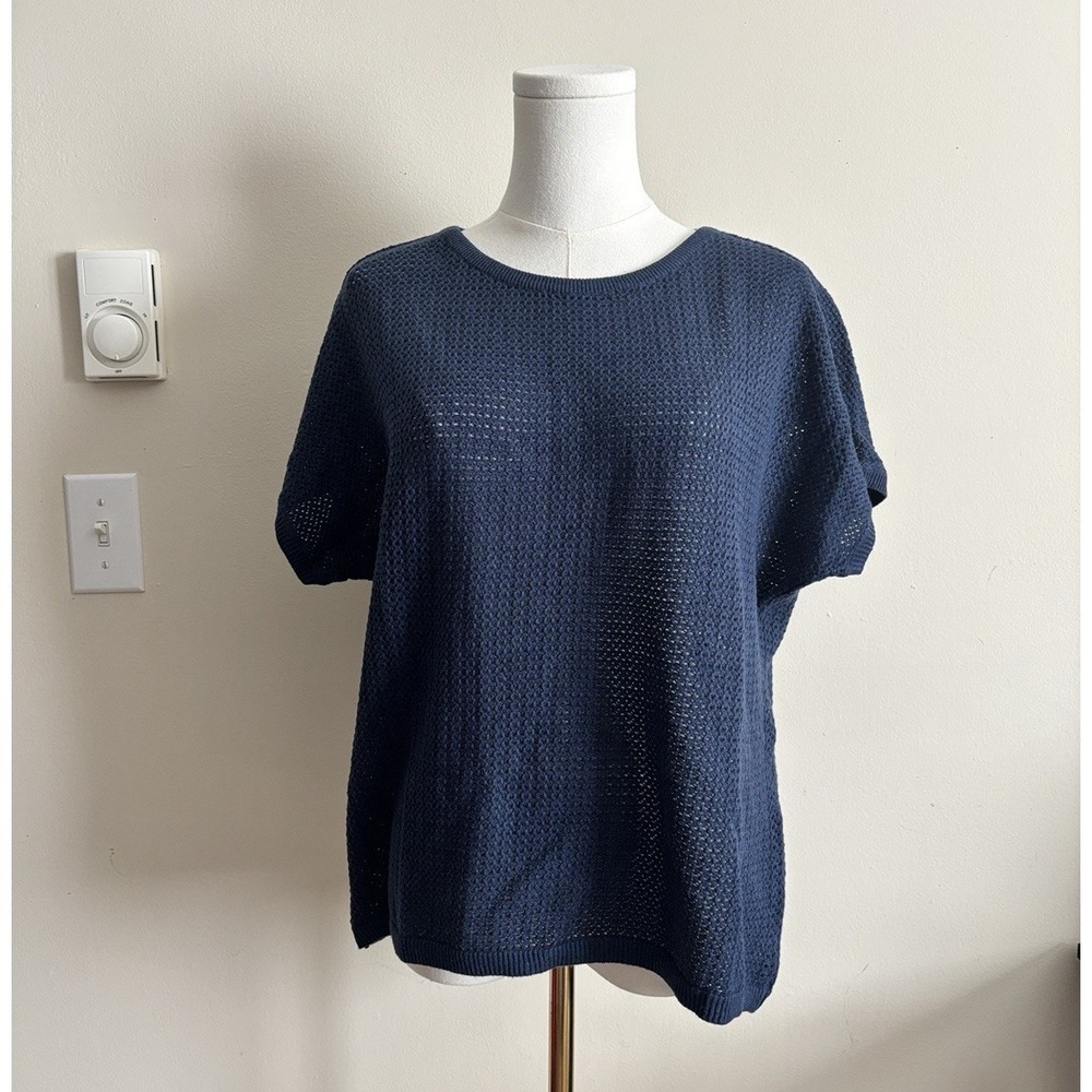 Pact Women's Beachside Crochet Knit Short Sleeve Top Medium French Navy Cotton